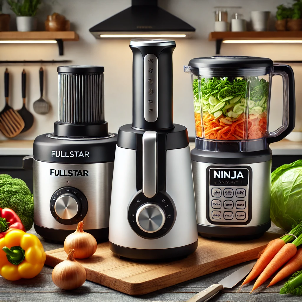 Image showcasing three electric food choppers on a kitchen counter, highlighting their design and features.