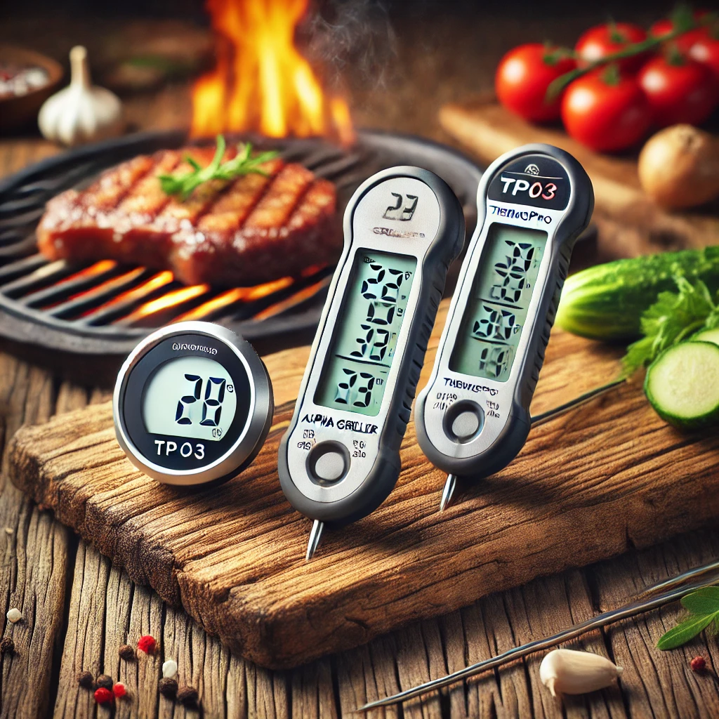 Three popular meat thermometers - Alpha Grillers, ThermoPro TP03, and MEATER Plus - placed on a kitchen counter to compare their features and usability.