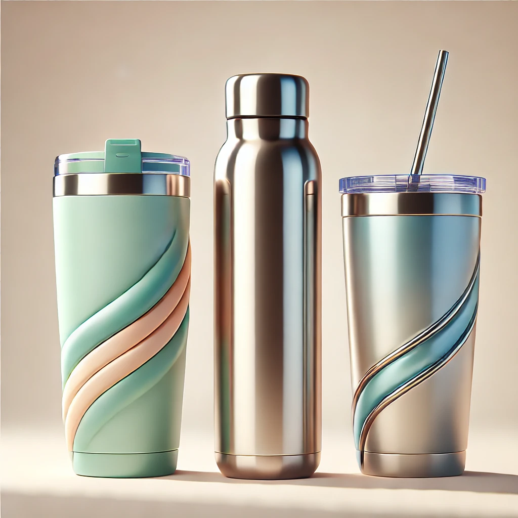 The image displays three stainless steel tumblers: one with a handle, one with a sleek sliding lid, and one with a straw, set against a light, neutral background. The arrangement highlights the unique features of each tumbler with subtle reflections and shadows, creating a polished, inviting look