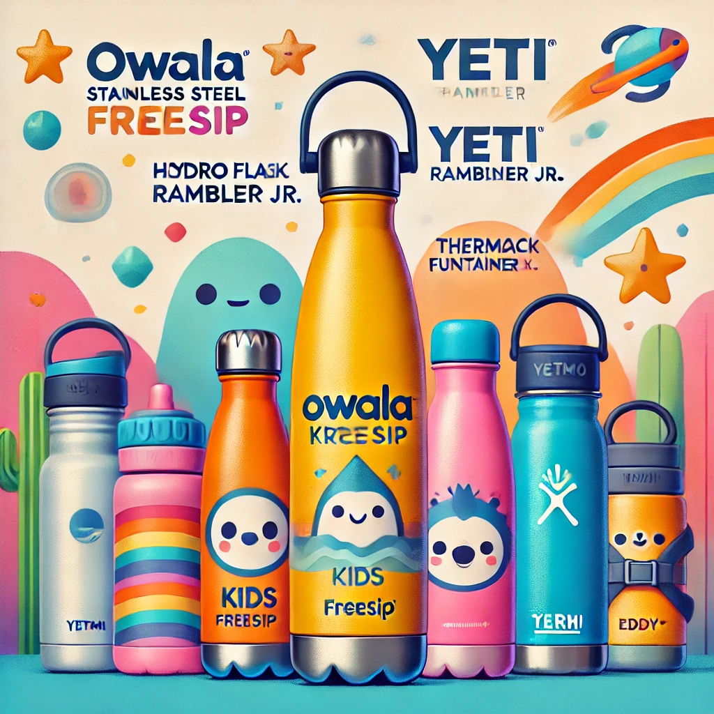 Colorful assortment of top insulated water bottles for kids, highlighting different designs and features for 2024.