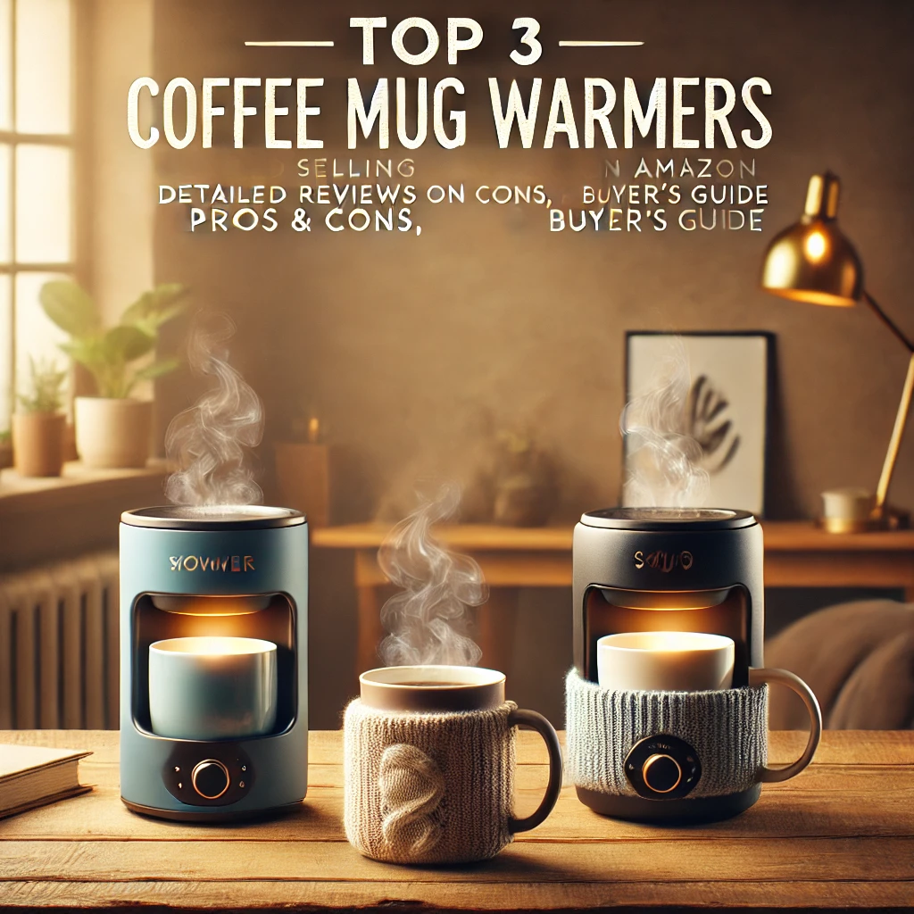 An inviting scene featuring three different stylish coffee mug warmers on a wooden desk, each holding a steaming mug. The background is cozy with soft lighting, decorative plants, and a window, creating a warm and welcoming atmosphere. The text overlay reads 'Top 3 Coffee Mug Warmers' in an elegant font.