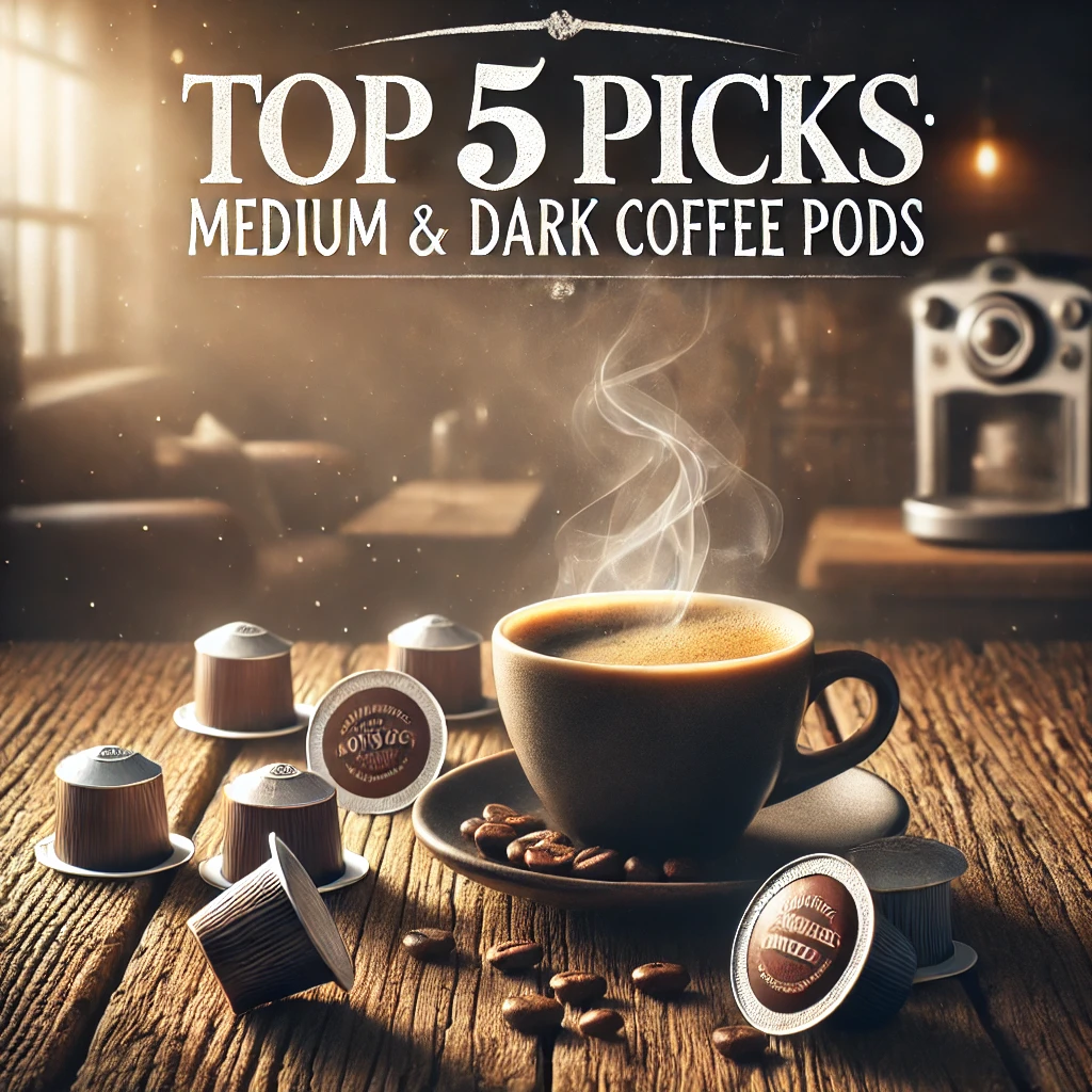 An inviting featured image for a blog post about the top 5 best-selling medium and dark roast coffee pods. The image showcases a steaming cup of coffee placed on a rustic wooden table surrounded by a few coffee pods. Warm, natural lighting casts a cozy glow, creating a comfortable, welcoming atmosphere. Overlay text reads 'Top 5 Picks: Medium and Dark Coffee Pods' in a stylish and easy-to-read font.